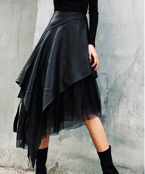 Asymmetric Layered Faux Leather Tulle Skirt
